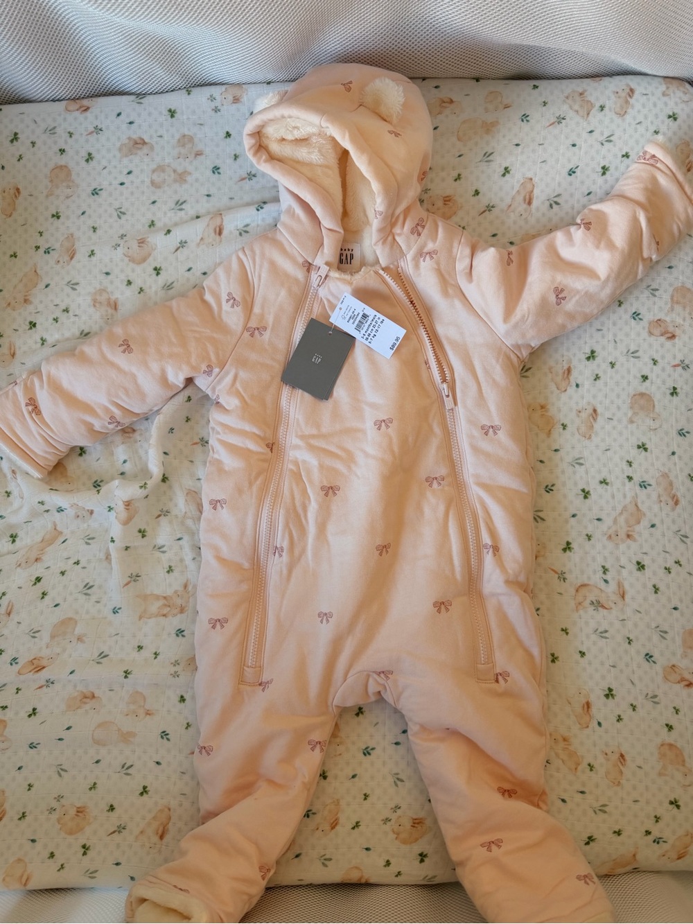 GAP Peach Hooded Baby One-Piece Footie with Bow Print